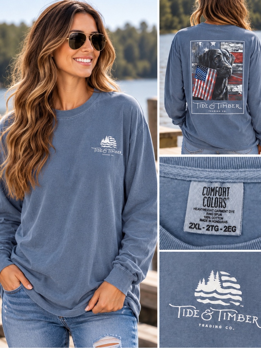 Tide & Timber Comfort Colors 2XL Black Lab Americans Flag Blue Longsleeve tee